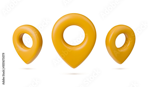 Set of three 3D realistic style geotags. Yellow location pointer in realistic style. Collection of tourist navigator illustrations isolated on a white background