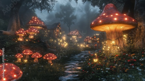 Magical mushroom village illuminated by glowing lights, enchanting forest path, misty atmosphere