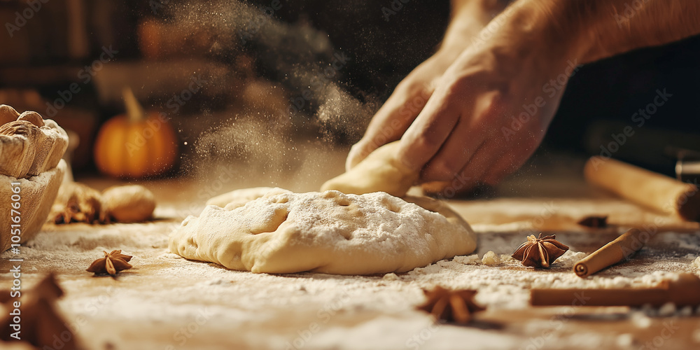 Close-up of hands kneading dough on floured wooden surface, cozy autumn baking scene with warm lighting and rustic ambiance, selective focus
Close-up of hands kneading dough on floured wooden surface, cozy autumn baking scene with warm lighting and rustic ambiance, selective focus