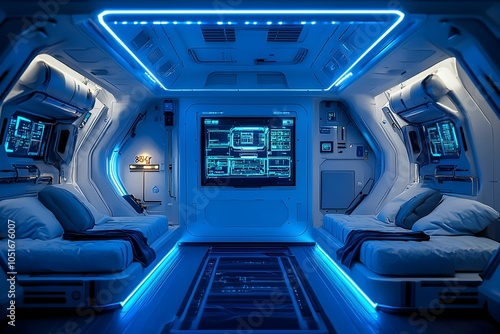 Futuristic interior of a high-tech sleeping pod with neon lighting photo