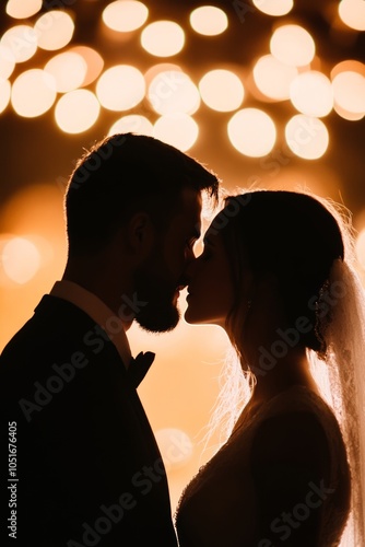 A romantic silhouette of a couple sharing a kiss against a glowing backdrop.