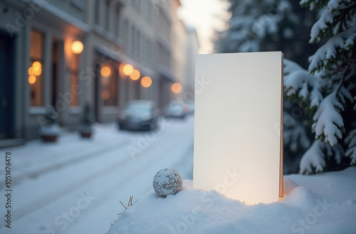 winter street and blank banner on snow. Winter holidays. Happy New Year