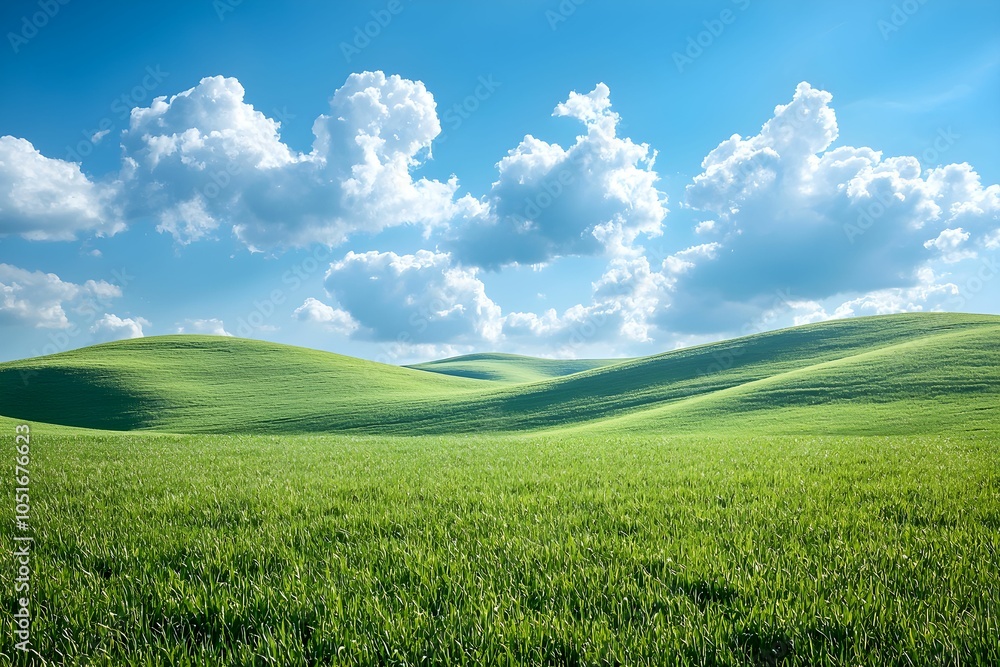 Obraz premium Lush green hills under a bright blue sky on a sunny day