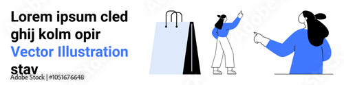 Two characters with shopping bags and pointing gestures highlight modern retail concepts. Ideal for online shopping trends lifestyle ecommerce and minimalistic designs. Banner for landing page