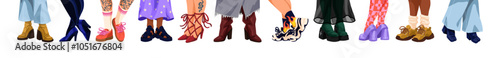 Set of different woman shoes. Row of female feet in various trendy high boots, footwear with heel, sports sneakers. Modern street fashion. Flat isolated vector illustrations on white background