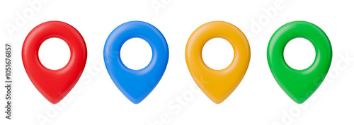 Set of bright location marks in different color. Realistic vector illustration of navigation sign. Position element or geotag isolated on white background