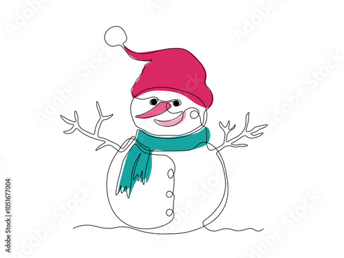 snowman in a Santa hat,continuous single line art drawing sketch, logo