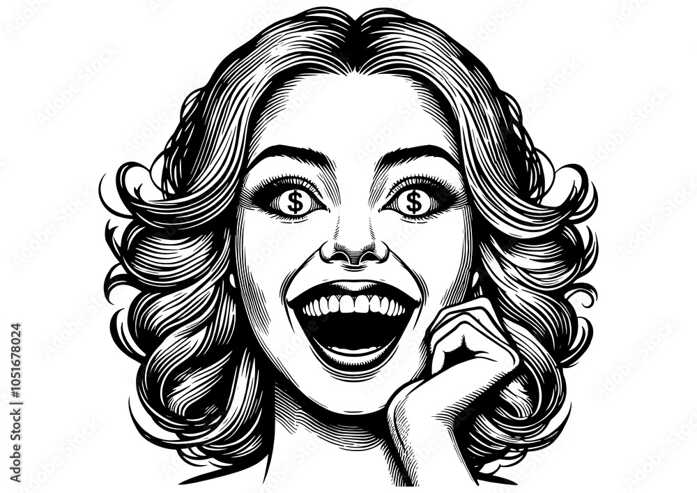 excited woman with dollar signs in her eyes, symbolizing greed, money, and consumerism sketch engraving generative ai PNG illustration. Scratch board imitation. Black and white image. excited woman with dollar signs in her eyes, symbolizing greed, money, and consumerism sketch engraving generative ai PNG illustration. Scratch board imitation. Black and white image.