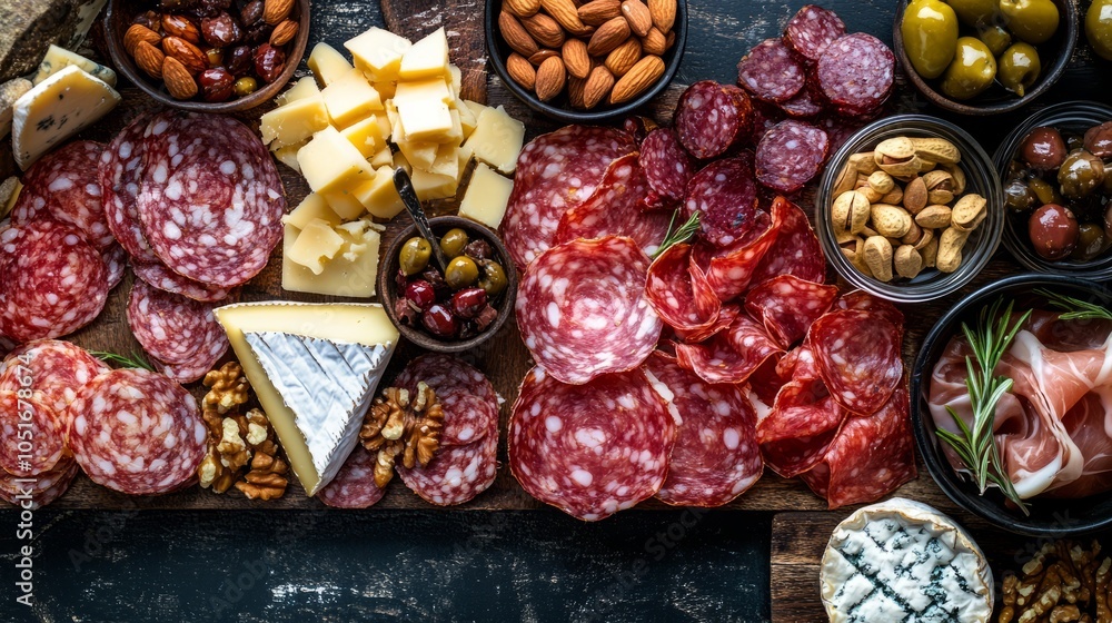 A flat lay of a charcuterie board featuring an array of cured meats, cheeses, and nuts. A flat lay of a charcuterie board featuring an array of cured meats, cheeses, and nuts.
