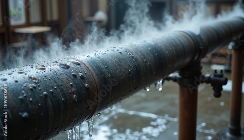 usty steam and hot water pipe with dripping water in an industrial plant photo