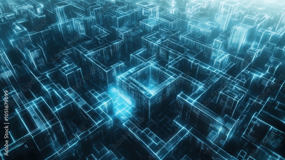 Obraz premium Futuristic cityscape, glowing blue lines, digital architecture, abstract design