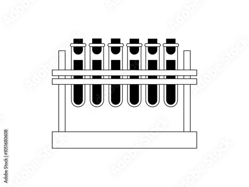 Stand with black and white test tubes with biomaterial blood, laboratory clinical research - vector, illustration, black outline on white