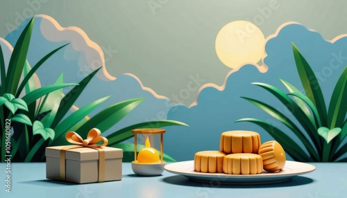 A white box of cookies sits on a wooden table next to a window with a full moon shining through the glass. The cookies are arranged in a neat stack, and the box is decorated with a gold ribbon photo