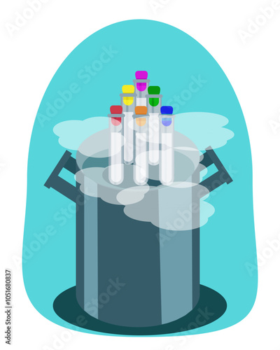 Open canister with test tubes with biomaterial, frozen eggs, sperm, embryos, cryopreservation, vitrification of embryos, oocytes and sperm, cryobank, IVF - vector, color illustration