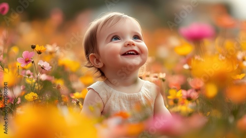Baby sitting in a field of flowers, smiling at the sky.
