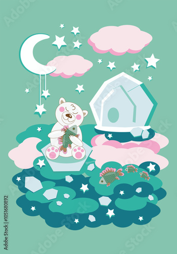 Polar bear cub sitting on ice floe near water and ice house with fish under moon and stars - fairy tale background, color vertical vector illustration for design of wallpapers for nursery or playroom