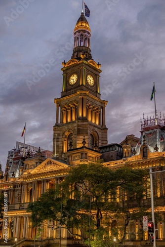 Sydney Town Hall illuminated at dusk. photo