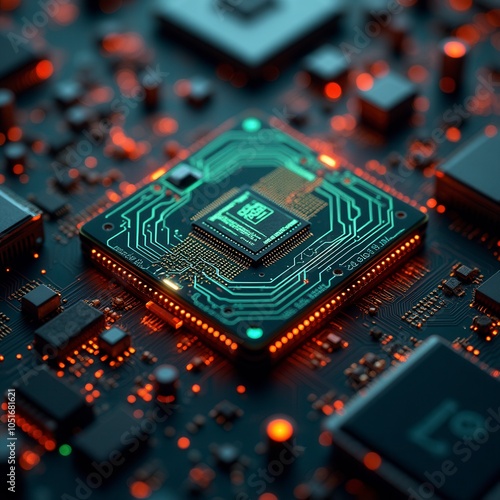 Futuristic Printed Circuit Board Server with Code Processing Orange Green Blue Technology Background photo