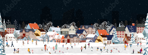 Christmas background,Winter Village landscape with snow,People Celebrating on xmas in city park,Seamless pattern Cute cartoon Winter wonderland with snowman,tree,house for New Year 2025 banner