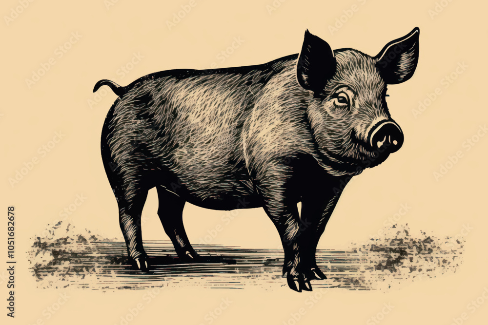 Fototapeta premium Vintage pig illustration art