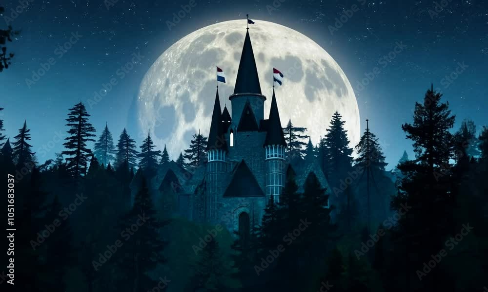 Ancient castle with pointed towers under a full moon surrounded by dark ...