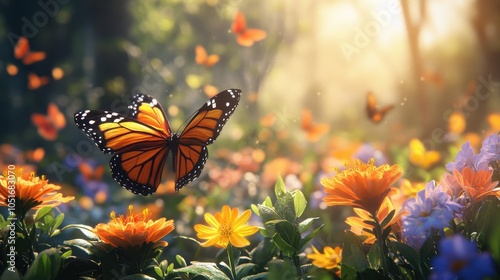 Butterfly-filled garden with various plants, showcasing butterflies fluttering around vibrant blossoms in bright sunlight.