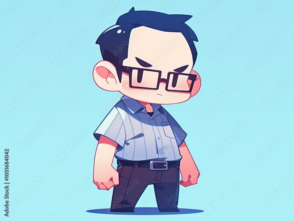 Obraz premium Cartoon illustration of a man with glasses, wearing a blue and white striped shirt and black pants, standing with his hands on his hips, looking angry.