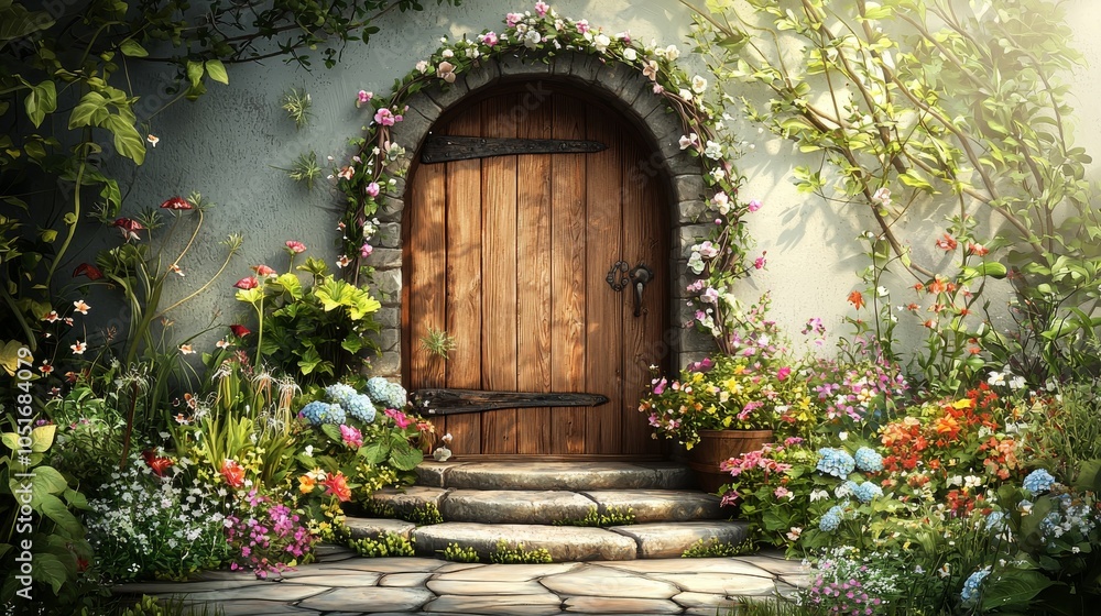 Fototapeta premium A whimsical wooden door adorned with flowers, surrounded by lush greenery and colorful blooms, invites exploration into a magical garden.