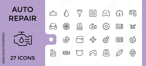 Auto Parts And Repair line icons set. Includes icons for vehicle, workshop, worker, auto, wash and more. Set of line pictogram. Editable stroke. Vector illustration.