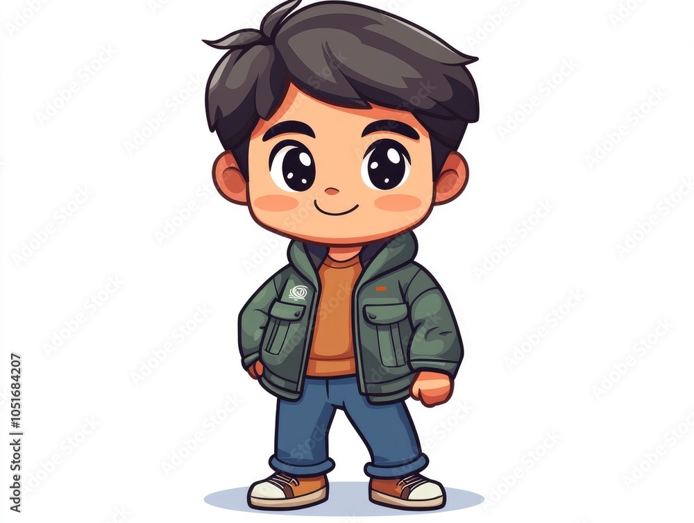 Cartoon illustration of a smiling boy wearing a green jacket, blue jeans and white sneakers. Cartoon illustration of a smiling boy wearing a green jacket, blue jeans and white sneakers.