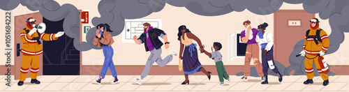 Evacuation from building with smoke, fire security alarm. Firemen with megaphone help people to leaving house in smog. Characters with kids go to exit at emergency situation. Flat vector illustration