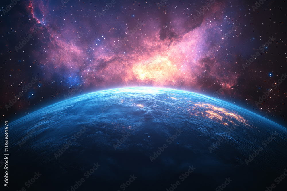 Obraz premium A Stunning Cosmic Landscape: A Blue Planet Surrounded by a Vibrant Nebula and Starry Skies
