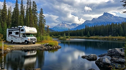 A motorhome is parked by a lake with mountains in the background