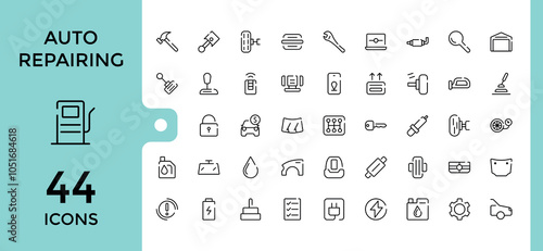 Set of Auto Parts And Repair line icons. Contains such icons as auto service, worker, repair, wash, vehicle, setting, engine and more. Minimalist thin linear icon. Vector icons editable stroke.