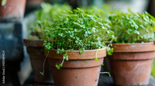 microgreens growing in small pots, Generative AI,