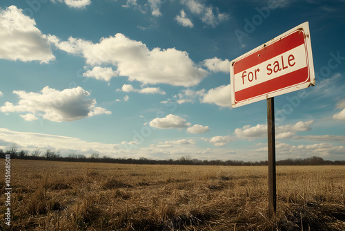 A for sale sign stands prominently in a beautiful empty field under a vibrant sky filled with clouds showcasing the serene landscape