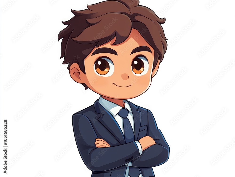 Cartoon illustration of a young man in a suit with his arms crossed. Cartoon illustration of a young man in a suit with his arms crossed.