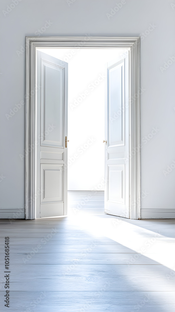 An open door with light streaming in symbolizes new beginnings and opportunities in a minimalistic interior space An open door with light streaming in symbolizes new beginnings and opportunities in a minimalistic interior space