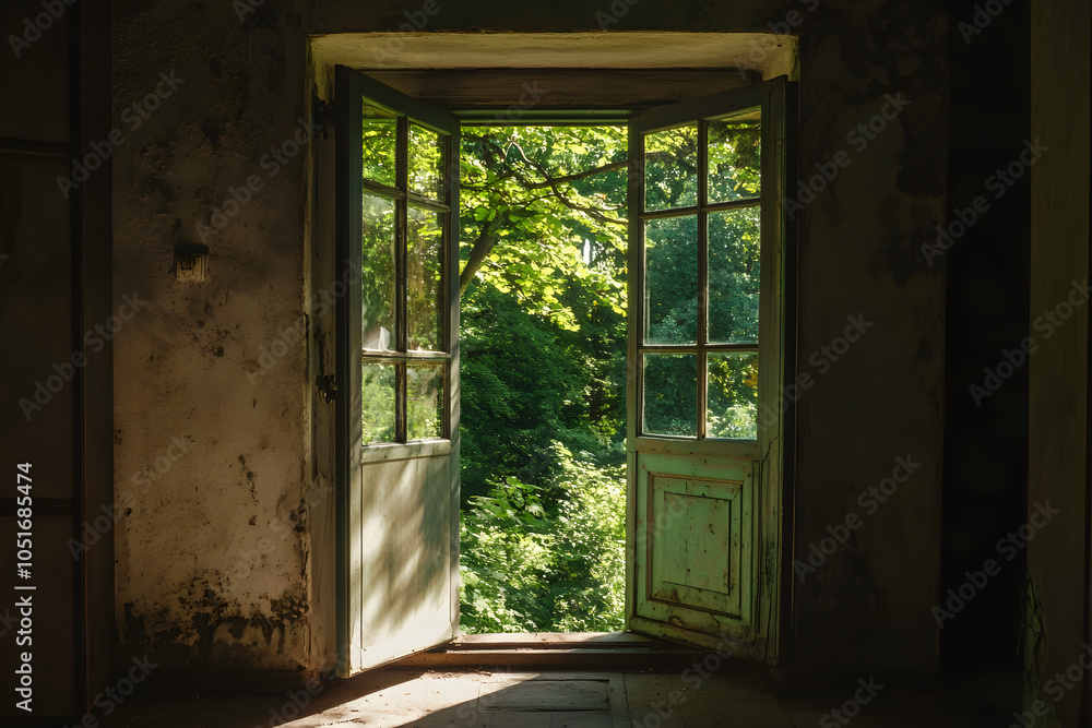 An open door reveals bright light streaming in, symbolizing hope and new beginnings amidst the rustic surroundings of an abandoned space An open door reveals bright light streaming in, symbolizing hope and new beginnings amidst the rustic surroundings of an abandoned space