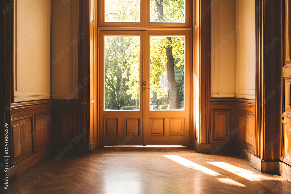 Fototapeta premium An open door with light streaming in creates a warm and inviting atmosphere, symbolizing opportunity and new beginnings in a serene interior space