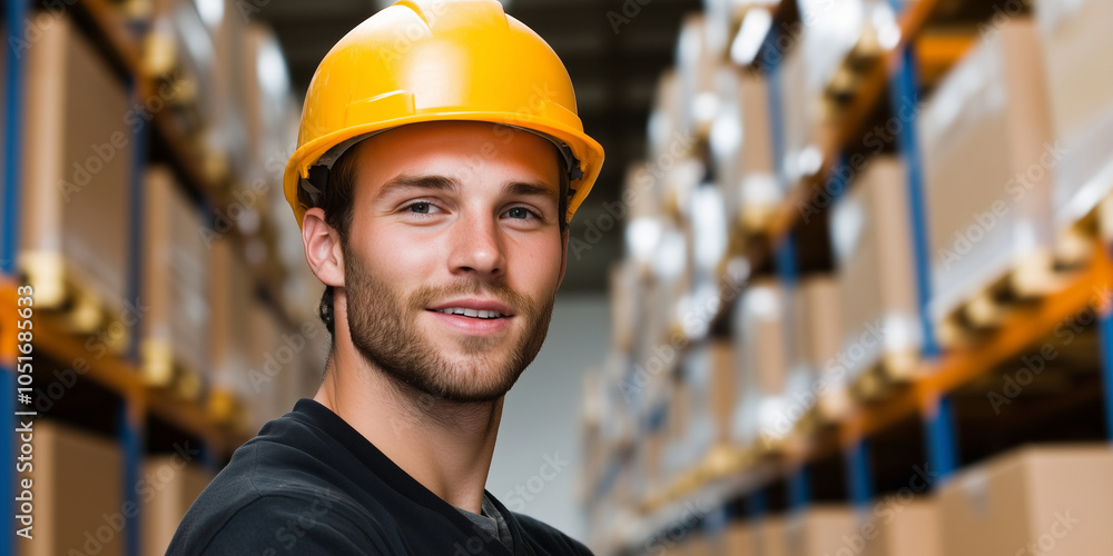 A handsome worker in a hard hat turns to place boxes in a warehouse stocked with towering shelves, demonstrating strength and focus in his logistics role. A handsome worker in a hard hat turns to place boxes in a warehouse stocked with towering shelves, demonstrating strength and focus in his logistics role.