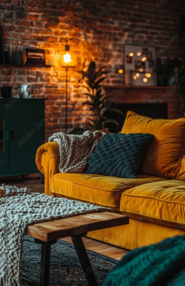 Cozy Living Room with Yellow and Green Sofa and Wooden Coffee Table Cozy Living Room with Yellow and Green Sofa and Wooden Coffee Table