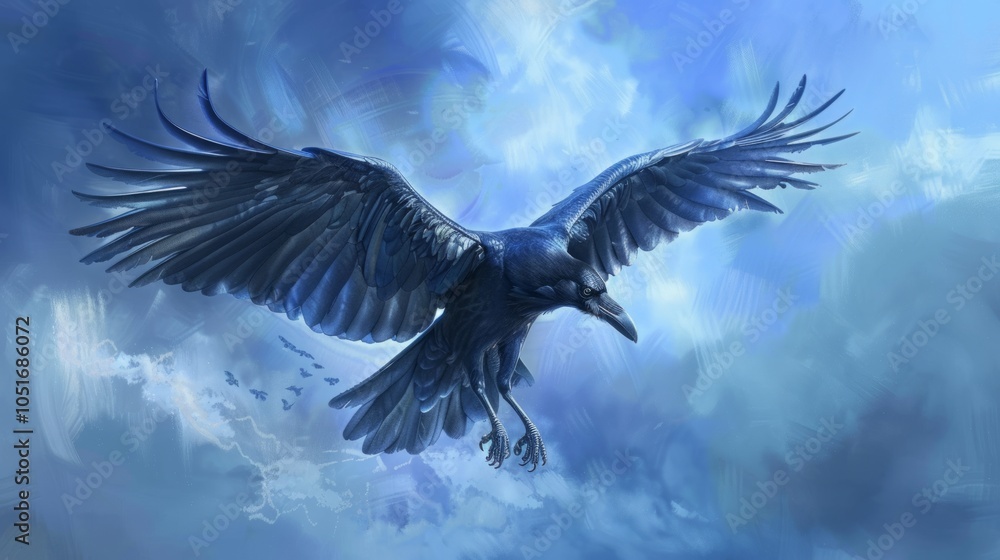 Obraz premium Young Common Raven hovers high in blue sky with stretched wings