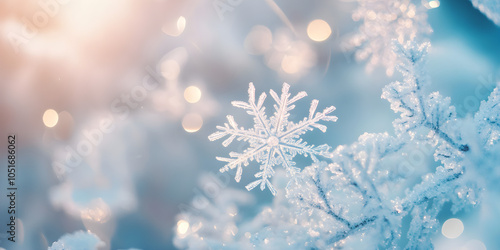 Close-up of delicate frosty snowflakes resting on a glass surface, illuminated by soft light creating a magical winter atmosphere