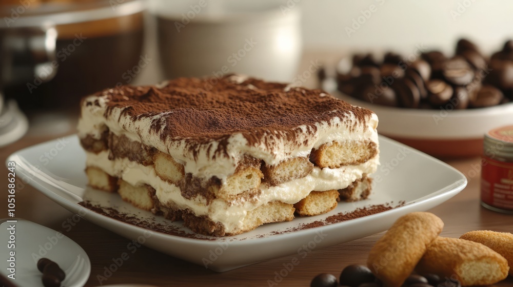 A rich and creamy tiramisu with layers of coffee-soaked ladyfingers and mascarpone cheese A rich and creamy tiramisu with layers of coffee-soaked ladyfingers and mascarpone cheese
