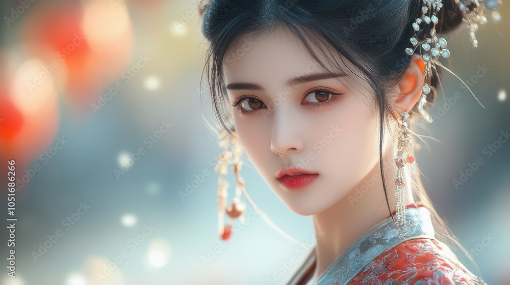 Fototapeta premium Chinese woman with a traditional dress, looking graceful