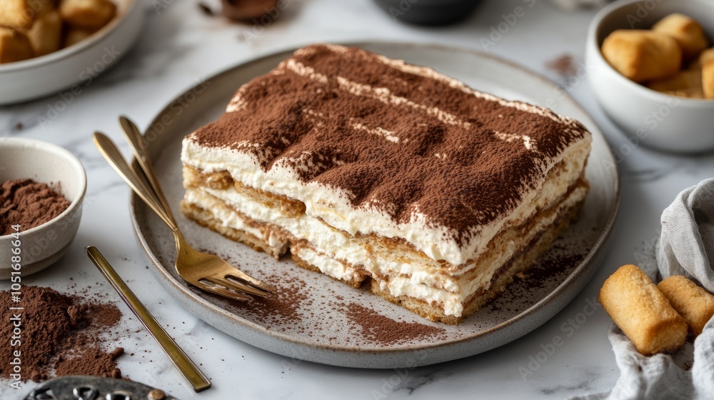 A rich and creamy tiramisu with layers of coffee-soaked ladyfingers and mascarpone cheese A rich and creamy tiramisu with layers of coffee-soaked ladyfingers and mascarpone cheese