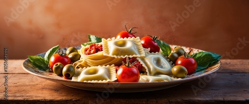 Gourmet Ravioli Pasta with Tomatoes, Olives, and Basil Decor photo