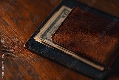 A simple close-up of an open wallet reveals a few bills tucked inside, showcasing a warm brown leather texture against a wooden background photo