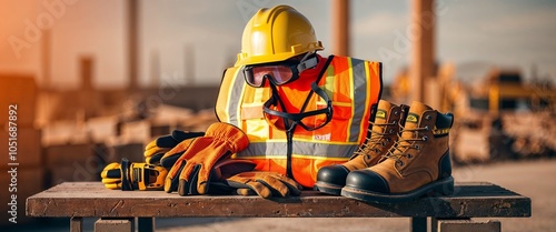 Construction safety gear neatly arranged on wooden table. photo